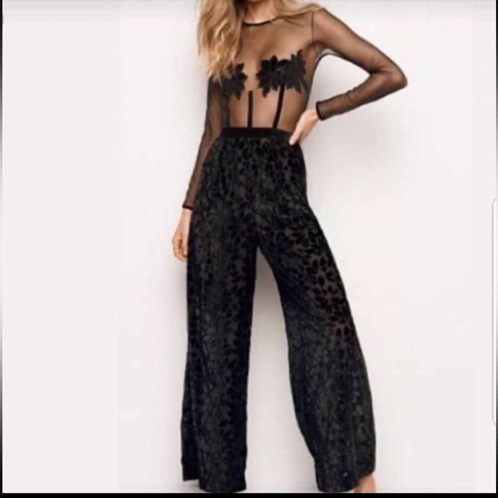 🔥Victoria's mesh & velvet sheer long sleeve jumpsuit sz Xsmall new